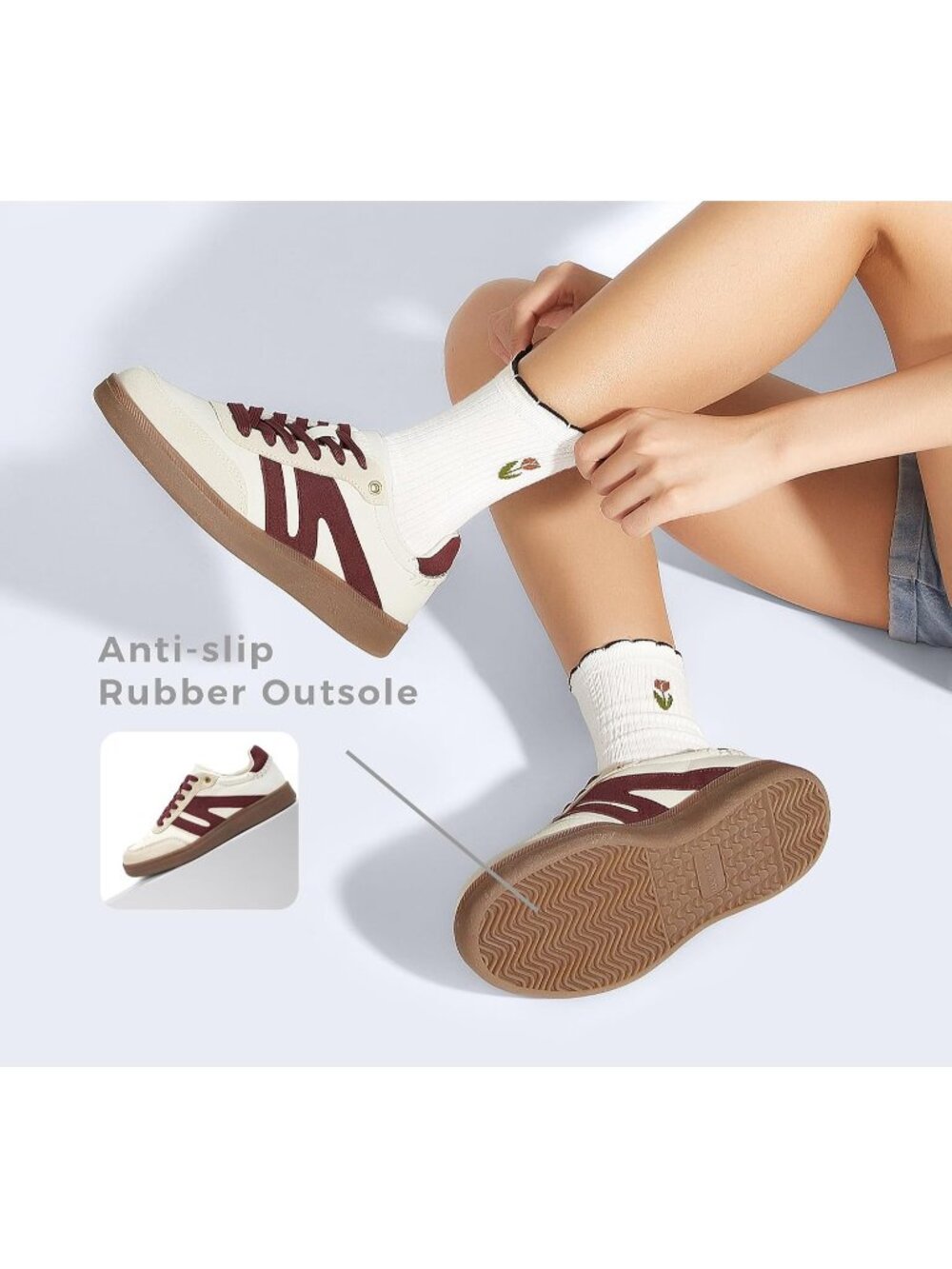 Women Beige/Red Genuine Leather Tennis Skate Retro Gum Sole Fashion Sneakers - Picture 5 of 6